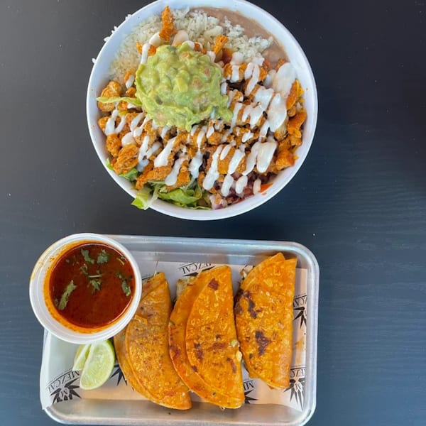 A Mezcal Express Dearborn burrito bowl with guacamole and birria tacos with consommé.