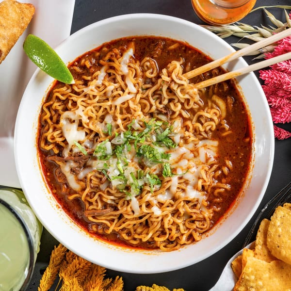 Mezcal Express Dearborn's birria ramen bowl with melted cheese, cilantro, and a lime wedge.